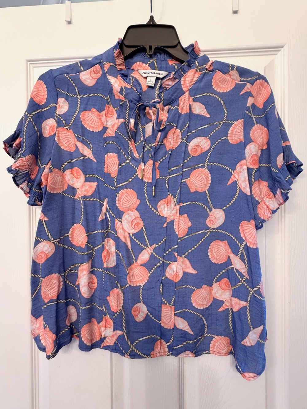Counterparts Blue Shell-Print Tie-Front Ruffle Sleeve Blouse